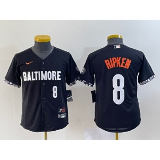 Youth Baltimore Orioles 8 Cal Ripken Jr Number Black 2023 City Connect Cool Base Stitched Jersey 1