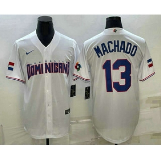 Men's Dominican Republic Baseball 13 Manny Machado 2023 White World Baseball Classic Stitched Jerseys