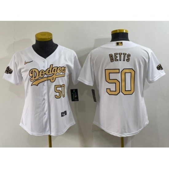 Women's Los Angeles Dodgers 50 Mookie Betts Number White 2022 All Star Stitched Cool Base Nike Jersey