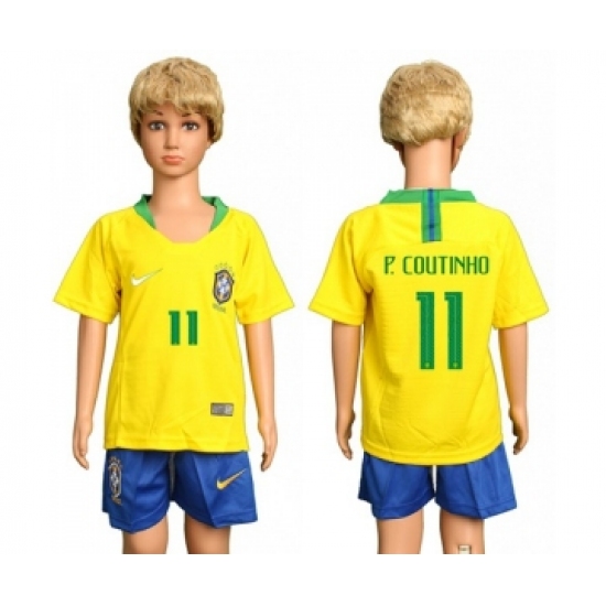 Brazil 11 P.Coutinho Home Kid Soccer Country Jersey