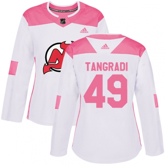Women's Adidas New Jersey Devils 49 Eric Tangradi Authentic White Pink Fashion NHL Jersey