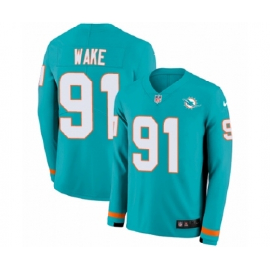 Men's Nike Miami Dolphins 91 Cameron Wake Limited Aqua Therma Long Sleeve NFL Jersey