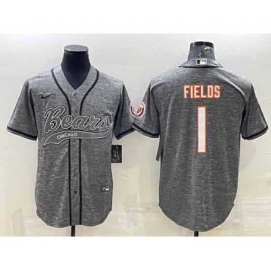 Men's Chicago Bears 1 Justin Fields Gray With Patch Cool Base Stitched Baseball Jersey