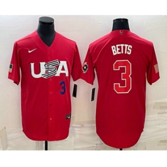 Men's USA Baseball 3 Mookie Betts Number 2023 Red World Classic Stitched Jersey1