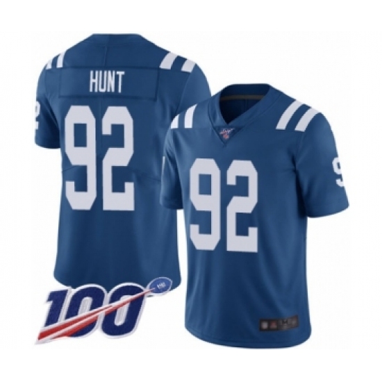 Men's Indianapolis Colts 92 Margus Hunt Royal Blue Team Color Vapor Untouchable Limited Player 100th Season Football Jersey