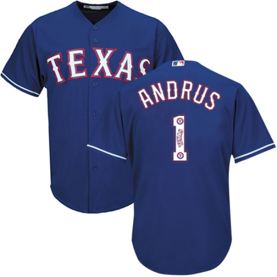 Men's Majestic Texas Rangers 1 Elvis Andrus Authentic Royal Blue Team Logo Fashion Cool Base MLB Jersey