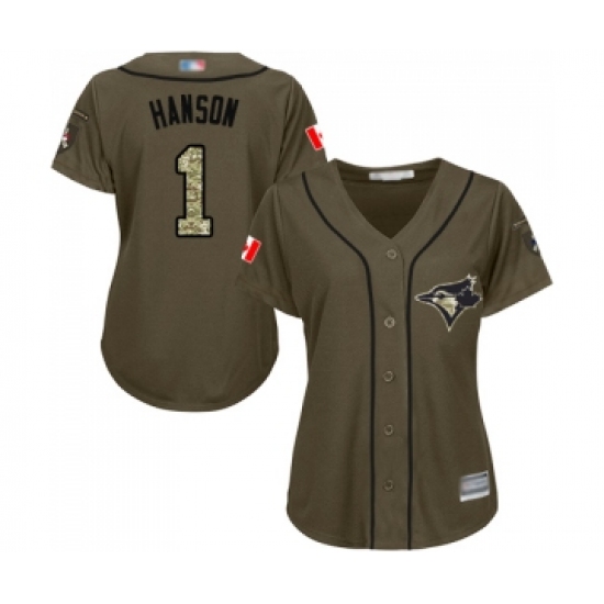 Women's Toronto Blue Jays 1 Alen Hanson Authentic Green Salute to Service Baseball Jersey