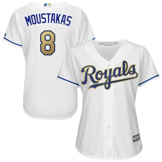 Women's Majestic Kansas City Royals 8 Mike Moustakas Authentic White Home Cool Base MLB Jersey