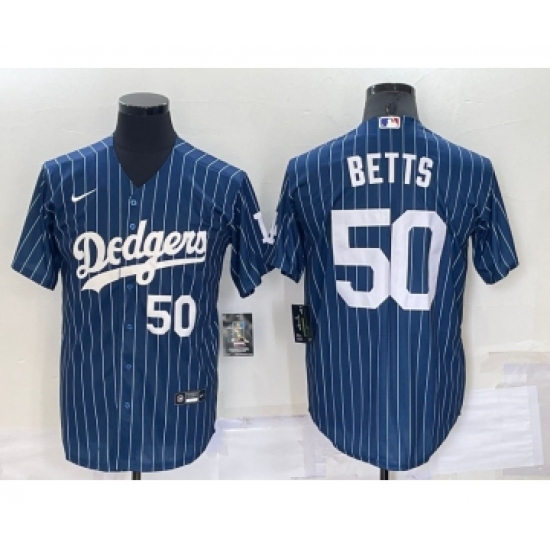Men's Los Angeles Dodgers 50 Mookie Betts Number Navy Blue Pinstripe Stitched MLB Cool Base Nike Jersey