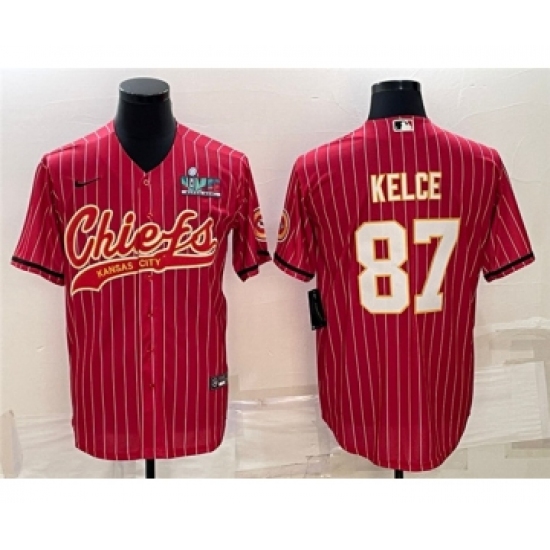 Men's Kansas City Chiefs 87 Travis Kelce Red With Super Bowl LVII Patch Cool Base Stitched Baseball Jersey