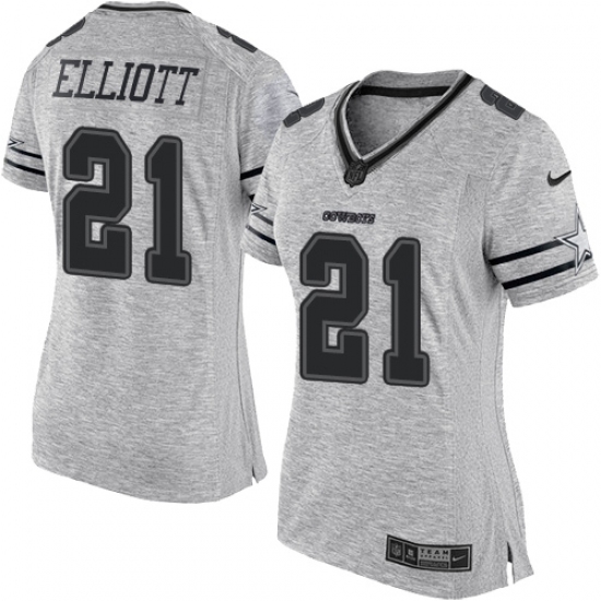 Women's Nike Dallas Cowboys 21 Ezekiel Elliott Limited Gray Gridiron II NFL Jersey