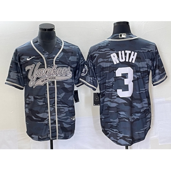 Men's New York Yankees 3 Babe Ruth Grey Camo Cool Base Stitched Baseball Jersey
