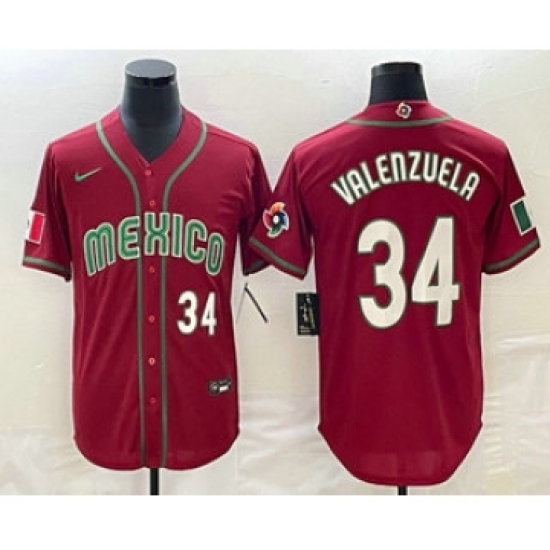 Men's Mexico Baseball 34 Fernando Valenzuela Number 2023 Red Blue World Baseball Classic Stitched Jersey2
