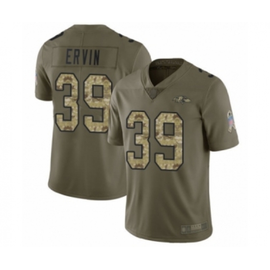 Men's Baltimore Ravens 39 Tyler Ervin Limited Olive Camo Salute to Service Football Jersey