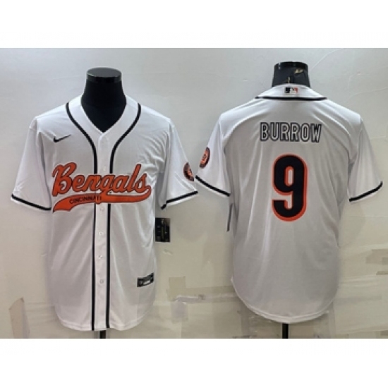 Men's Cincinnati Bengals 9 Joe Burrow White With Patch Cool Base Stitched Baseball Jersey