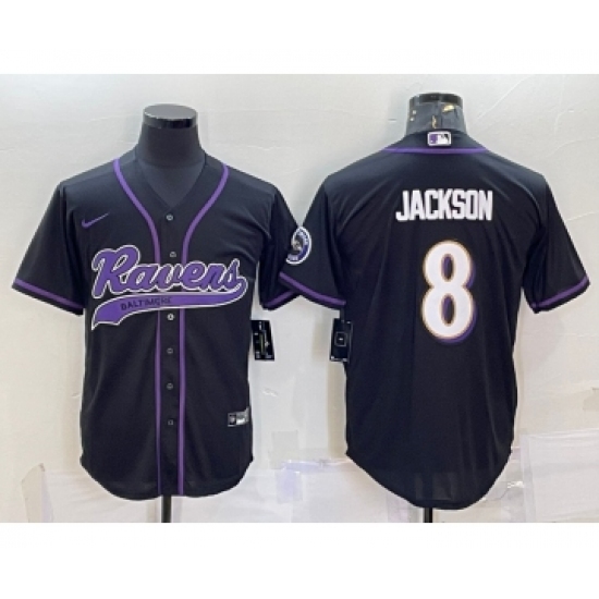 Men's Baltimore Ravens 8 Lamar Jackson Black With Patch Cool Base Stitched Baseball Jersey