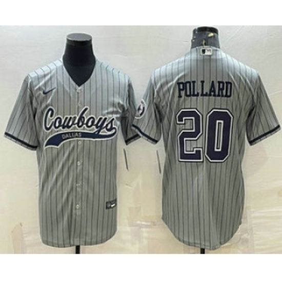 Men's Dallas Cowboys 20 Tony Pollard Grey Pinstripe With Patch Cool Base Stitched Baseball Jersey