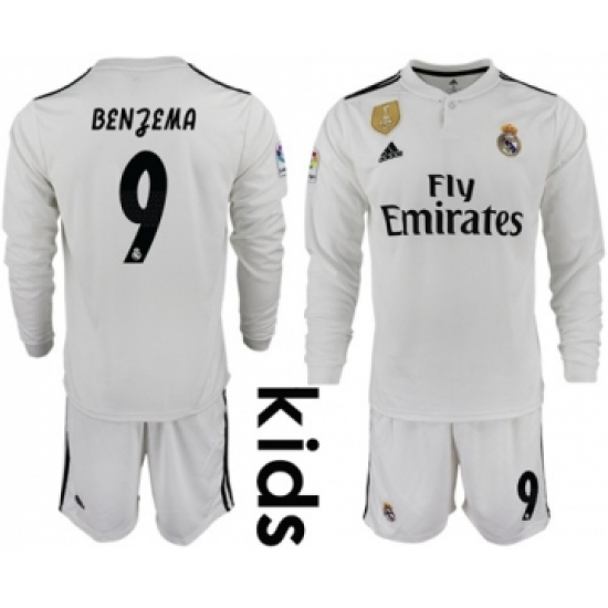 Real Madrid 9 Benzema Home Long Sleeves Kid Soccer Club Jersey