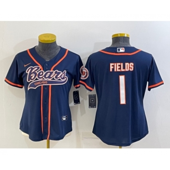Women's Chicago Bears 1 Justin Fields Navy With Patch Cool Base Stitched Baseball Jersey