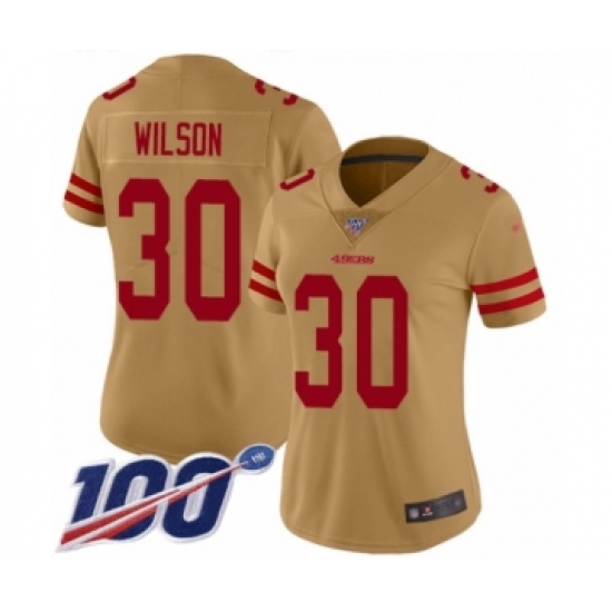 Women's San Francisco 49ers 30 Jeff Wilson Limited Gold Inverted Legend 100th Season Football Jersey