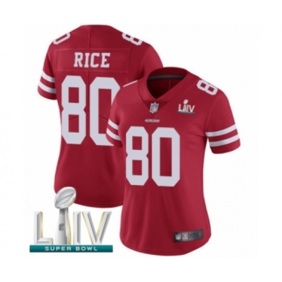 Women's San Francisco 49ers 80 Jerry Rice Red Team Color Vapor Untouchable Limited Player Super Bowl LIV Bound Football Jersey