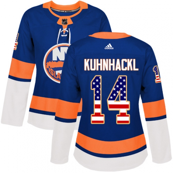Women's Adidas New York Islanders 14 Tom Kuhnhackl Authentic Royal Blue USA Flag Fashion NHL Jersey