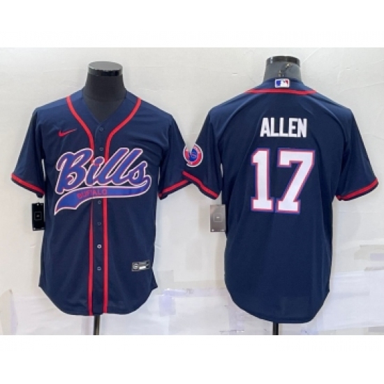 Men's Buffalo Bills 17 Josh Allen Navy With Patch Cool Base Stitched Baseball Jersey