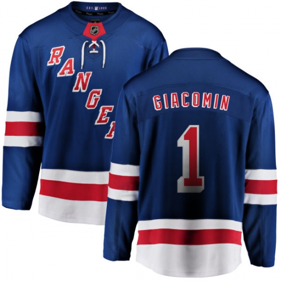 Men's New York Rangers 1 Eddie Giacomin Fanatics Branded Royal Blue Home Breakaway NHL Jersey