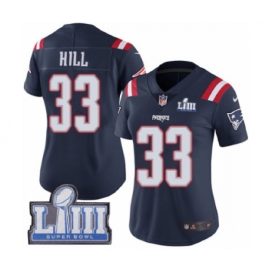 Women's Nike New England Patriots 33 Jeremy Hill Limited Navy Blue Rush Vapor Untouchable Super Bowl LIII Bound NFL Jersey
