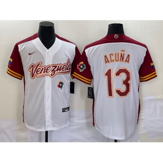 Men's Venezuela Baseball 13 Ronald Acuna Jr 2023 White Red World Classic Stitched Jersey