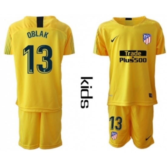 Atletico Madrid 13 Oblak Yellow Goalkeeper Kid Soccer Club Jersey