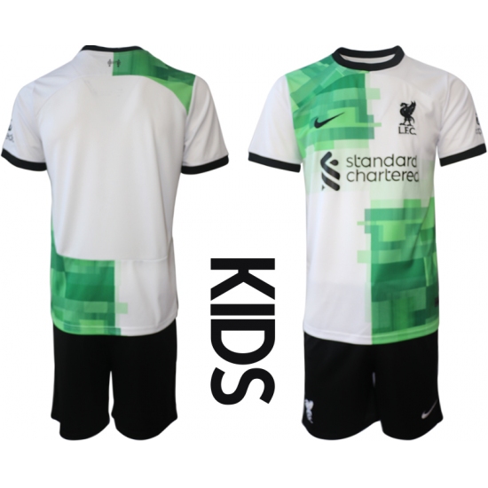 Kids Liverpool Blank 2023-24 White Green Away Soccer Jersey