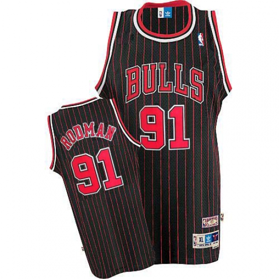 Men's Adidas Chicago Bulls 91 Dennis Rodman Swingman Black/Red Strip Throwback NBA Jersey
