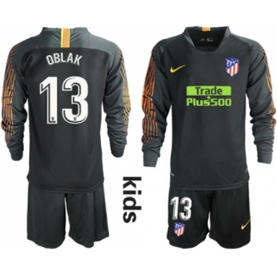 Atletico Madrid 13 Oblak Black Goalkeeper Long Sleeves Kid Soccer Club Jersey