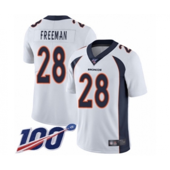 Men's Denver Broncos 28 Royce Freeman White Vapor Untouchable Limited Player 100th Season Football Jersey