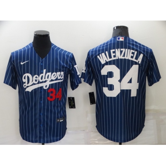 Men's Nike Los Angeles Dodgers 34 Fernando Valenzuela Blue Stripes Authentic Jersey
