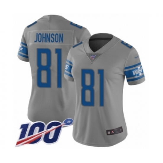 Women's Detroit Lions 81 Calvin Johnson Limited Gray Inverted Legend 100th Season Football Jersey