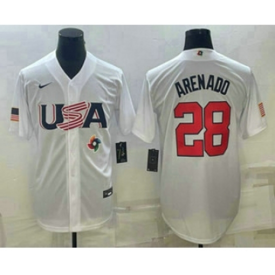 Men's USA Baseball 28 Nolan Arenado 2023 White World Baseball Classic Replica Stitched Jerseys