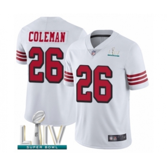 Men's San Francisco 49ers 26 Tevin Coleman Limited White Rush Vapor Untouchable Super Bowl LIV Bound Football Jersey
