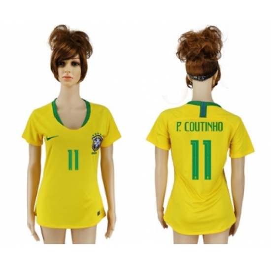 Women's Brazil 11 P.Coutinho Home Soccer Country Jersey