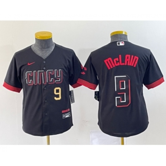 Youth Nike Cincinnati Reds 9 Matt McLain Number Black 2023 City Connect Cool Base Stitched Jersey1