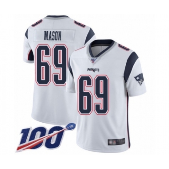 Men's New England Patriots 69 Shaq Mason White Vapor Untouchable Limited Player 100th Season Football Jersey