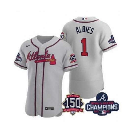 Men's Atlanta Braves 1 Ozzie Albies 2021 Gray World Series Champions With 150th Anniversary Flex Base Stitched Jersey