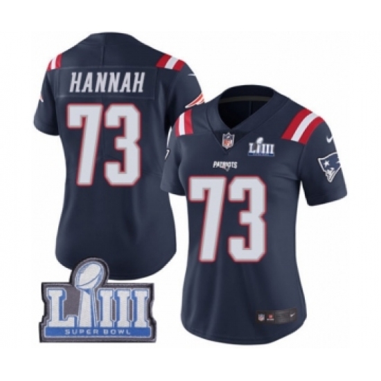 Women's Nike New England Patriots 73 John Hannah Limited Navy Blue Rush Vapor Untouchable Super Bowl LIII Bound NFL Jersey