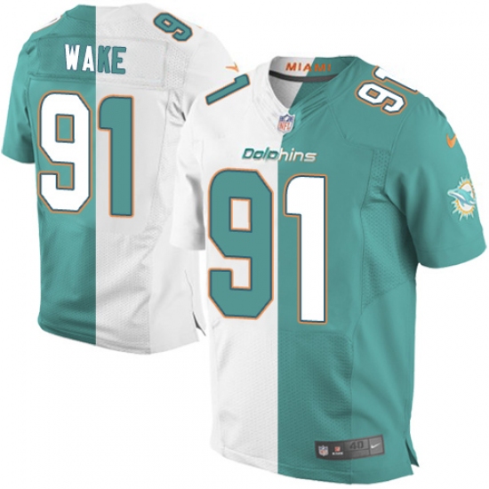 Men's Nike Miami Dolphins 91 Cameron Wake Elite Aqua Green/White Split Fashion NFL Jersey