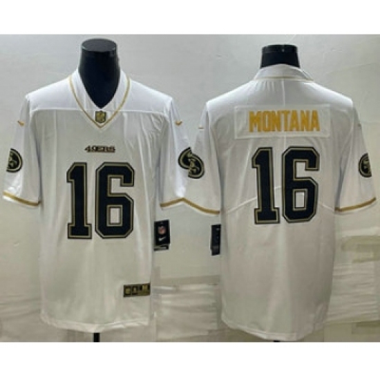 Men's San Francisco 49ers 16 Joe Montana White Gold Stitched Jersey
