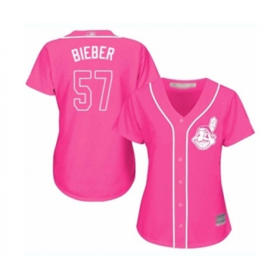 Women's Cleveland Indians 57 Shane Bieber Authentic Pink Fashion Cool Base Baseball Jersey