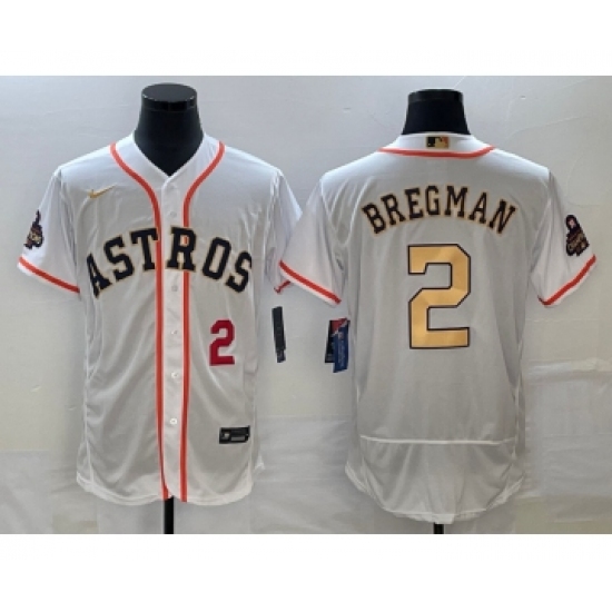 Men's Houston Astros 2 Alex Bregman Number 2023 White Gold World Serise Champions Flex Base Stitched Jersey1