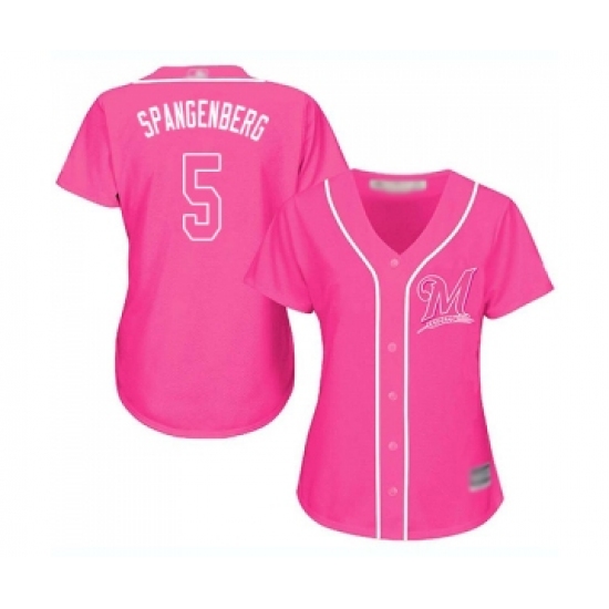 Women's Milwaukee Brewers 5 Cory Spangenberg Replica Pink Fashion Cool Base Baseball Jersey
