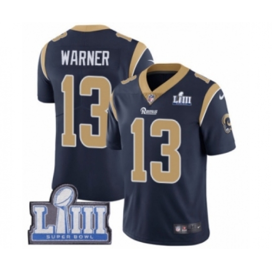 Men's Nike Los Angeles Rams 13 Kurt Warner Navy Blue Team Color Vapor Untouchable Limited Player Super Bowl LIII Bound NFL Jersey